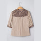 Becka Brown Stripe Leopard Trim V Neck Button Down Half Sleeve Shirt