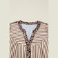 Becka Brown Stripe Leopard Trim V Neck Button Down Half Sleeve Shirt