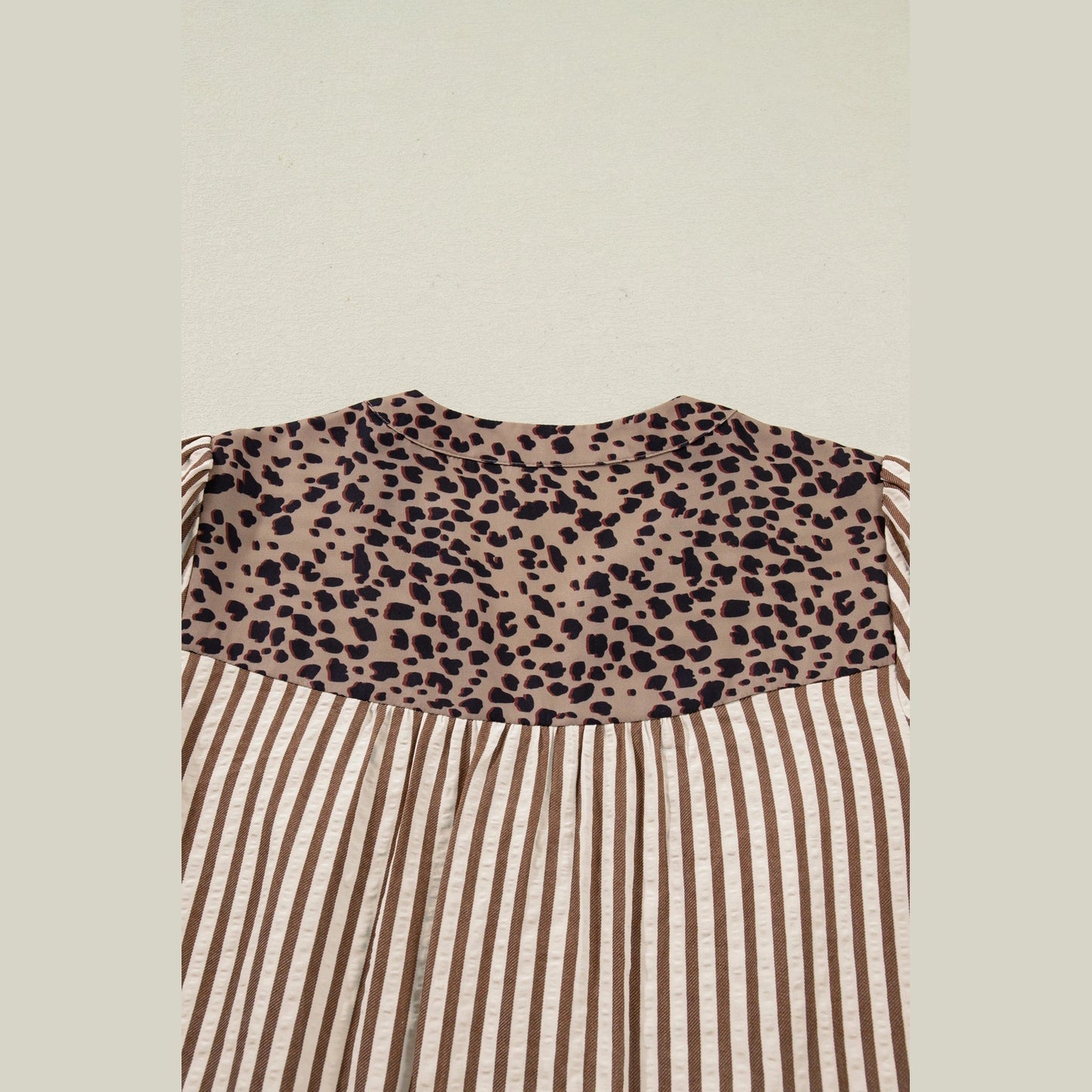Becka Brown Stripe Leopard Trim V Neck Button Down Half Sleeve Shirt