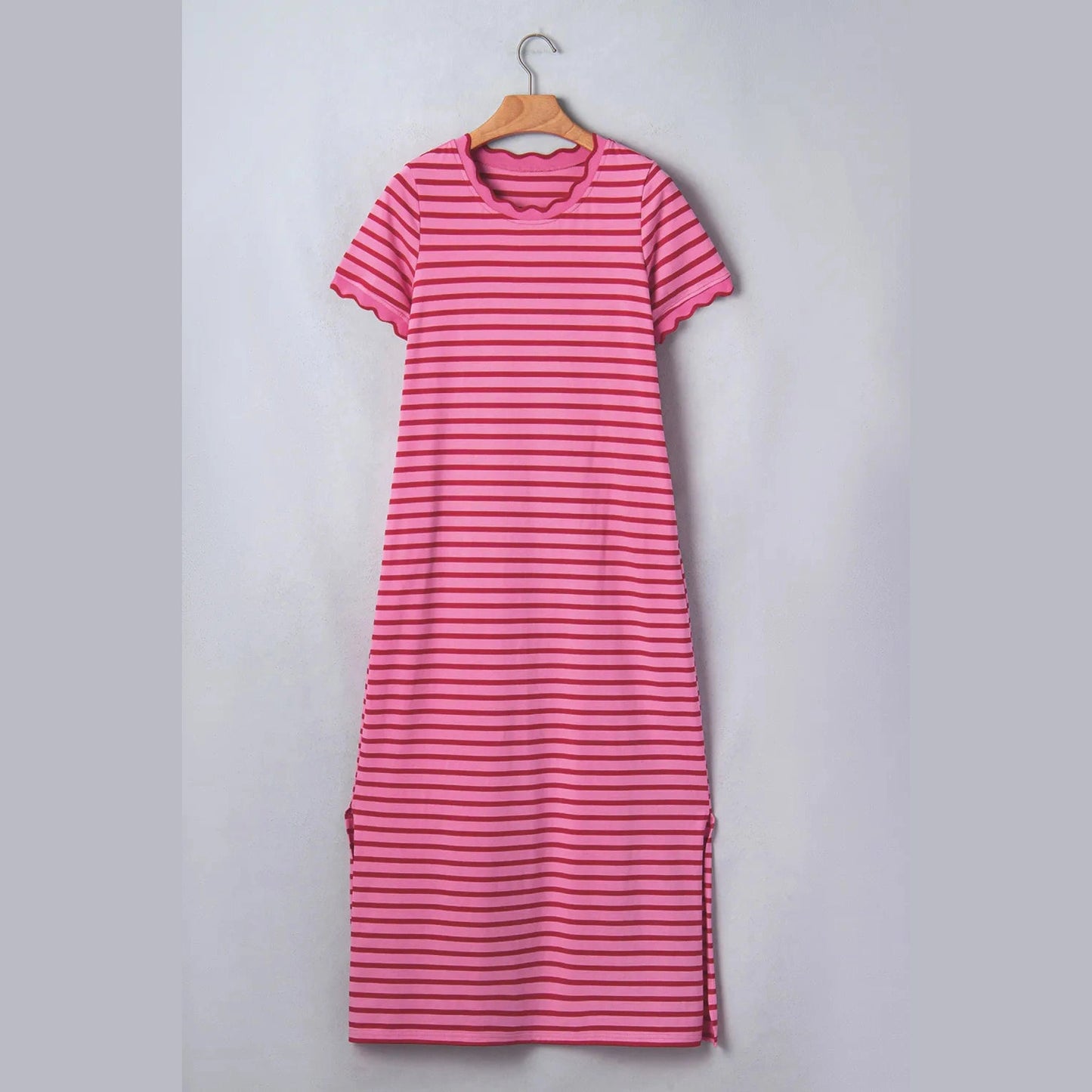 Becky Stripe Striped Short Sleeve Scalloped Trim Side Slit T-Shirt Dress