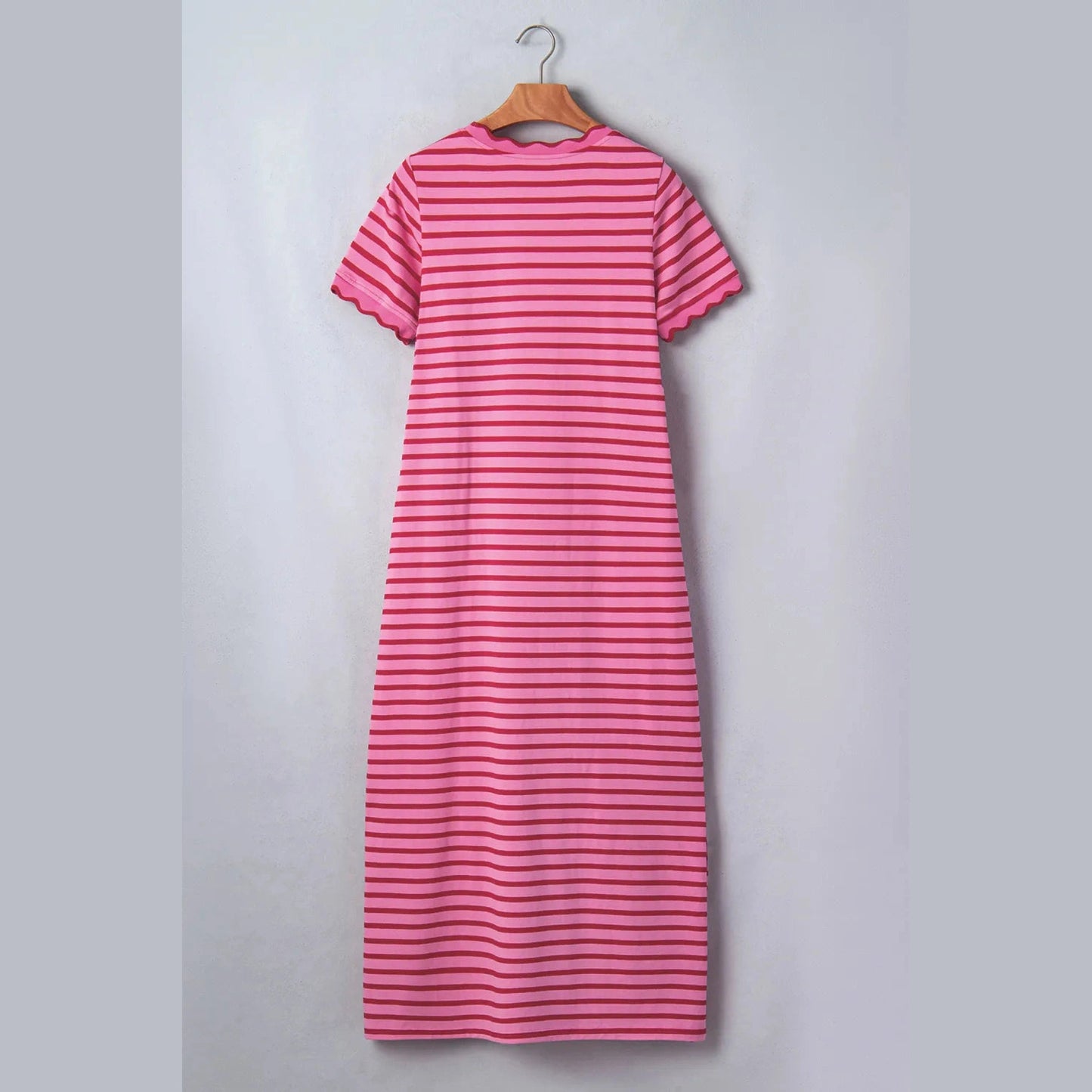 Becky Stripe Striped Short Sleeve Scalloped Trim Side Slit T-Shirt Dress