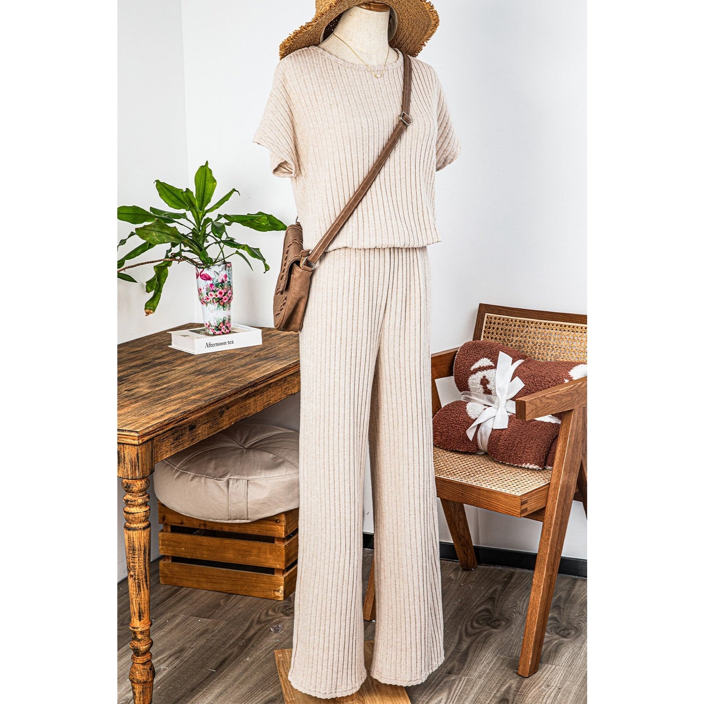 Grayson Parchment Ribbed Short Sleeve Wide Leg Jumpsuit