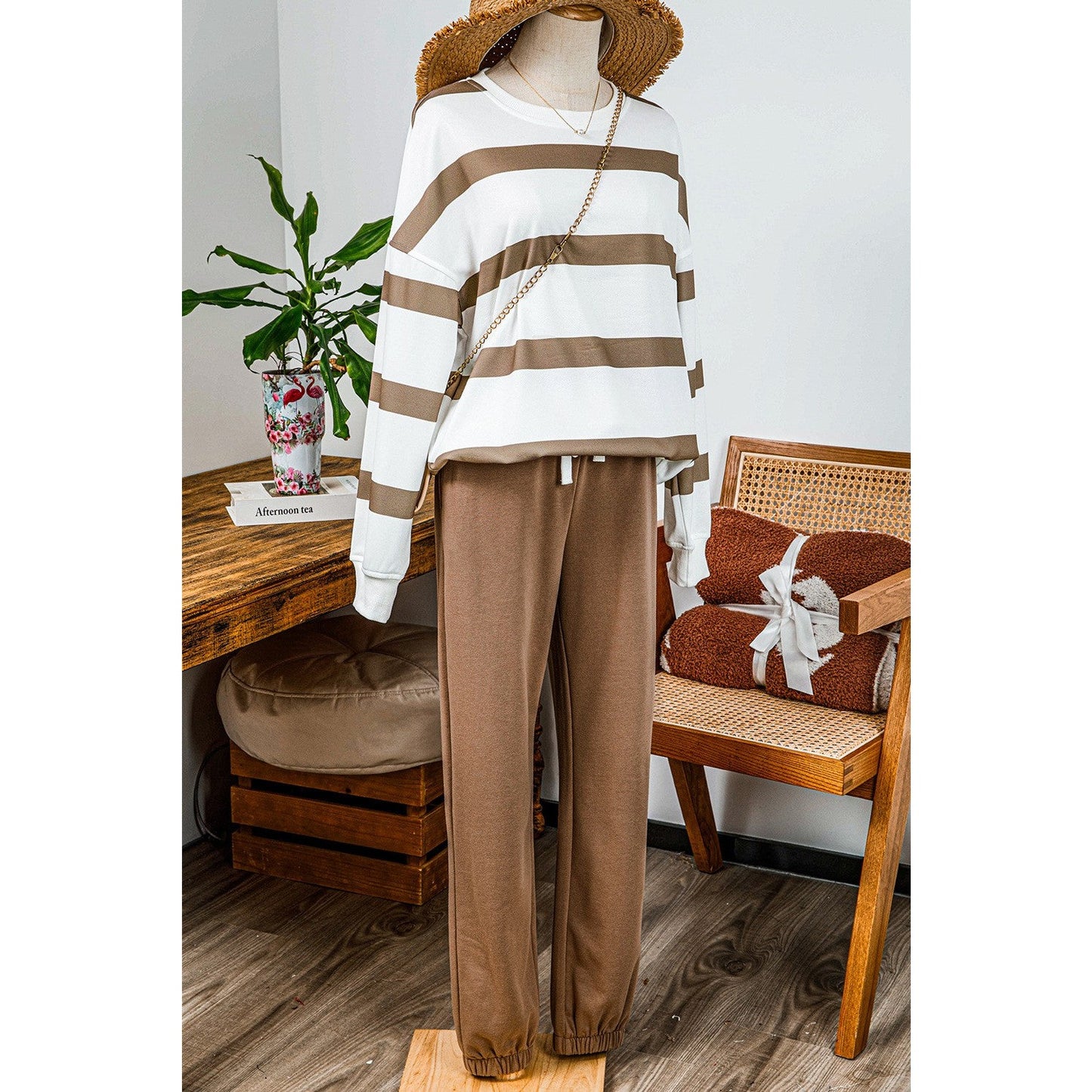 Gisselle French Beige Striped Drop Shoulder Pullover and Jogger Pants Set