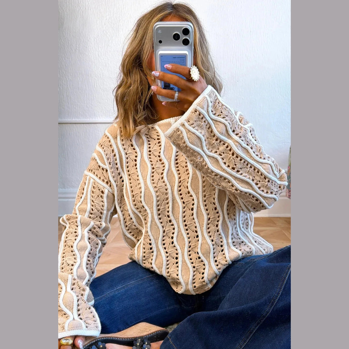 Ina Khaki Wavy Detail Hollow Out Knit Long Sleeve Cotton Pullover Sweater
