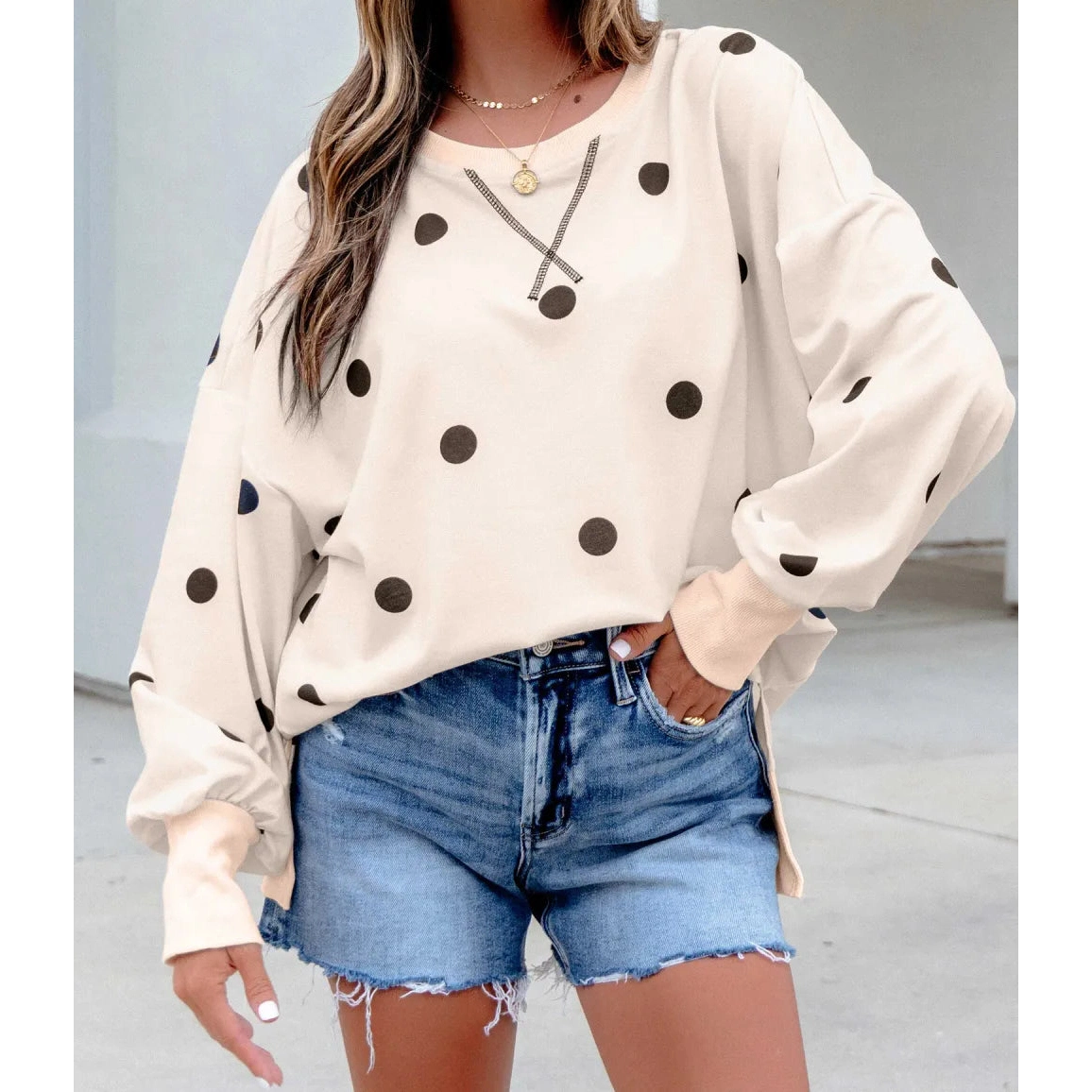 Marjorie Beige Polka Dot Loose Long Sleeve Split Hem Pullover Top