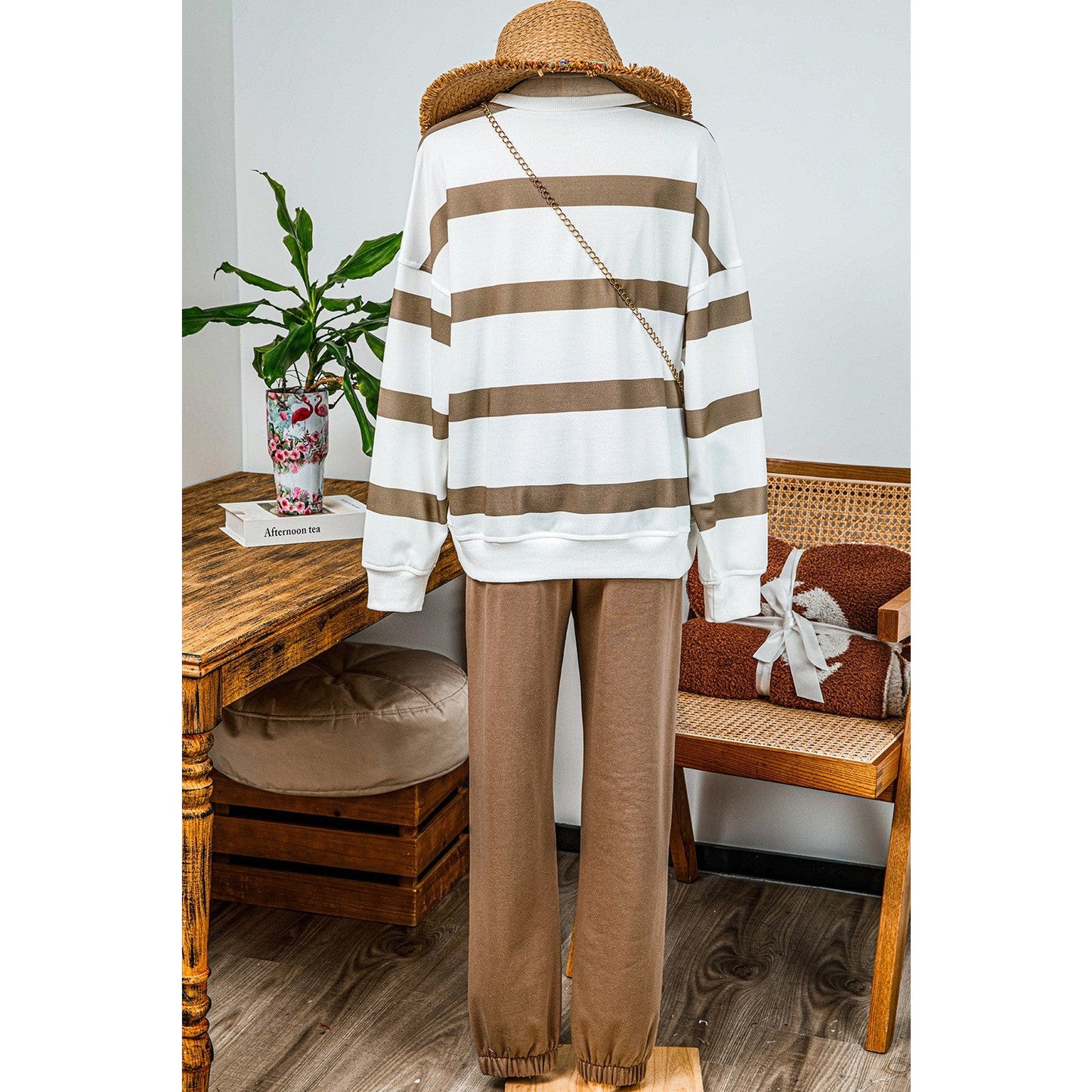 Gisselle French Beige Striped Drop Shoulder Pullover and Jogger Pants Set