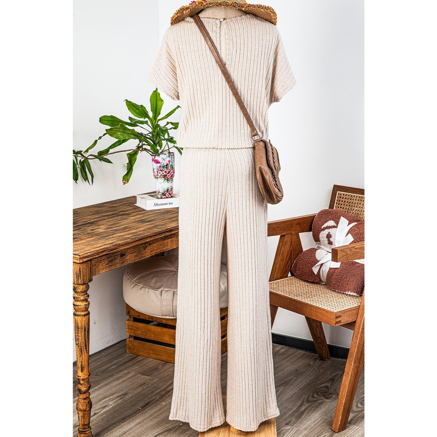 Grayson Parchment Ribbed Short Sleeve Wide Leg Jumpsuit