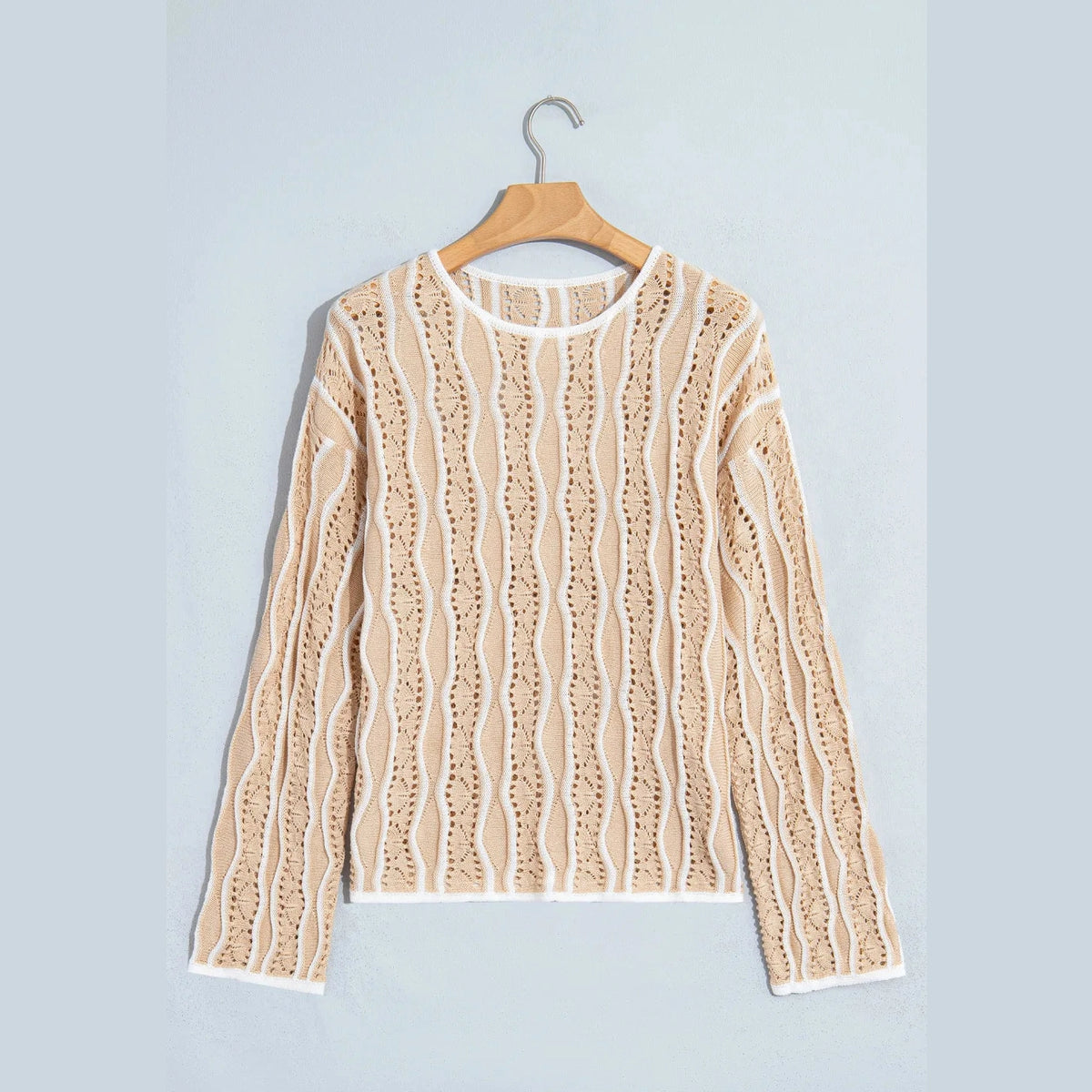Ina Khaki Wavy Detail Hollow Out Knit Long Sleeve Cotton Pullover Sweater