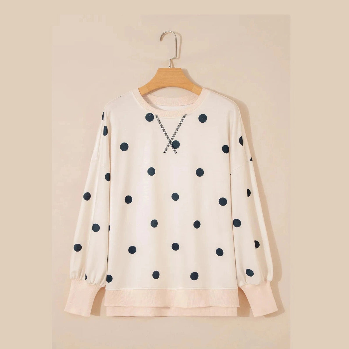 Marjorie Beige Polka Dot Loose Long Sleeve Split Hem Pullover Top