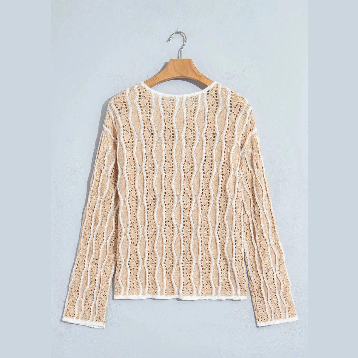 Ina Khaki Wavy Detail Hollow Out Knit Long Sleeve Cotton Pullover Sweater