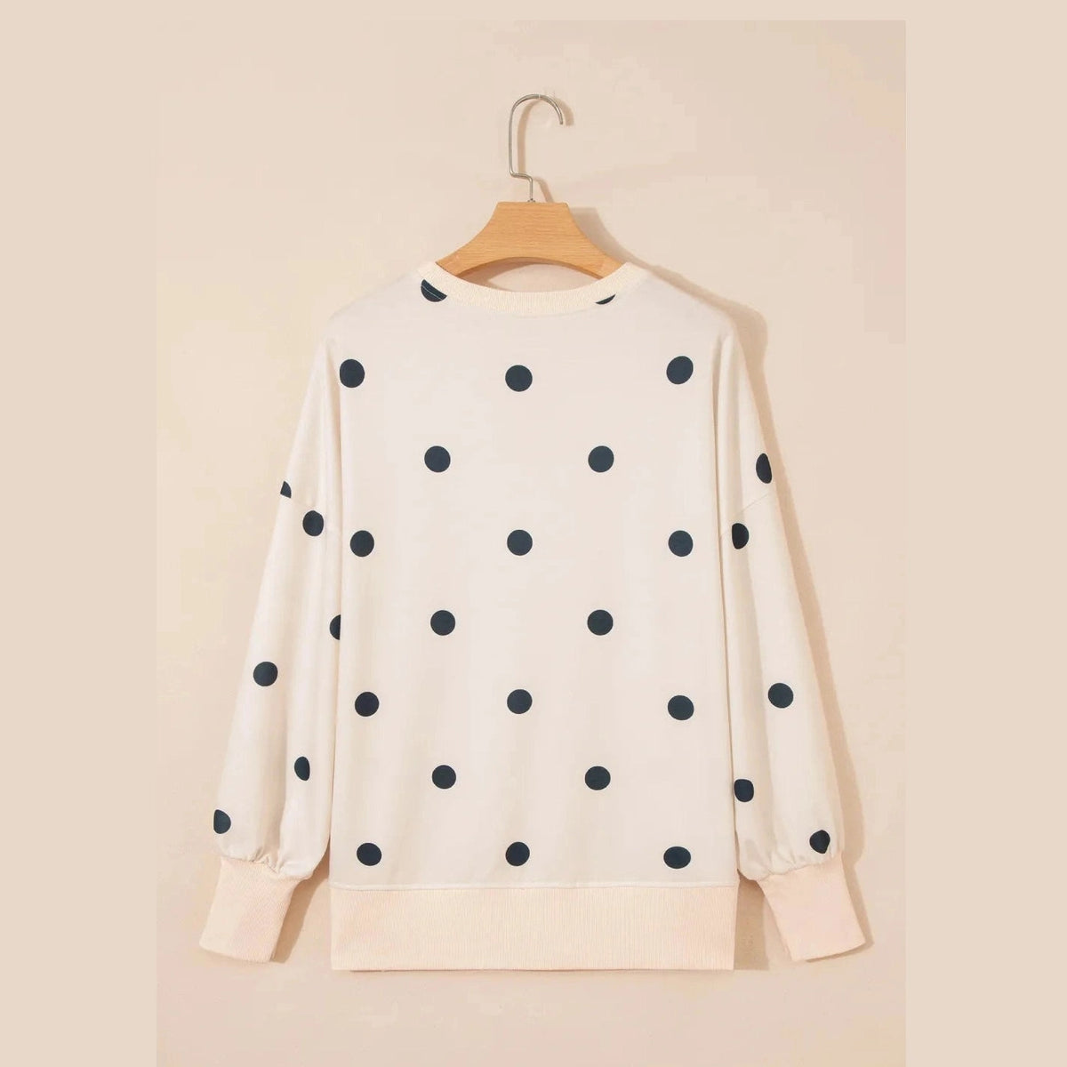 Marjorie Beige Polka Dot Loose Long Sleeve Split Hem Pullover Top