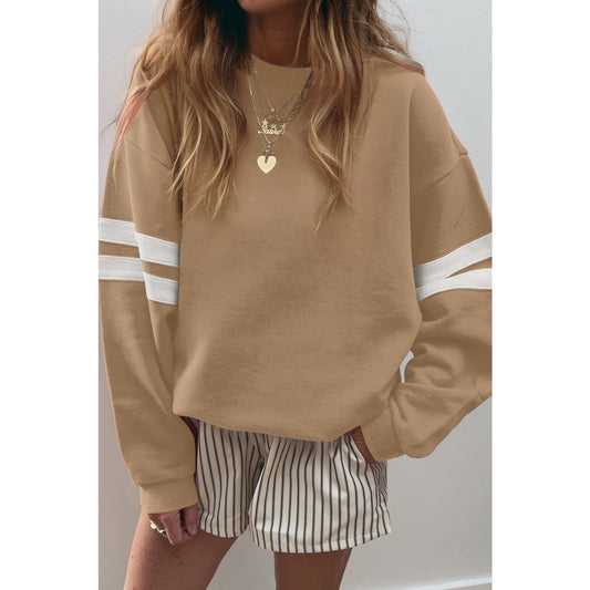 French Beige Varsity Striped Detail Drop Shoulder Oversized Sweatshirt