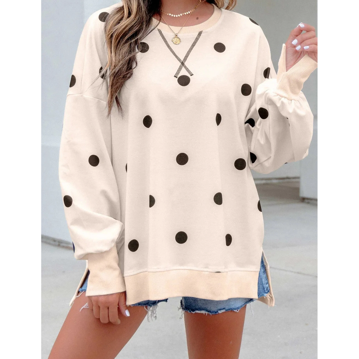Marjorie Beige Polka Dot Loose Long Sleeve Split Hem Pullover Top