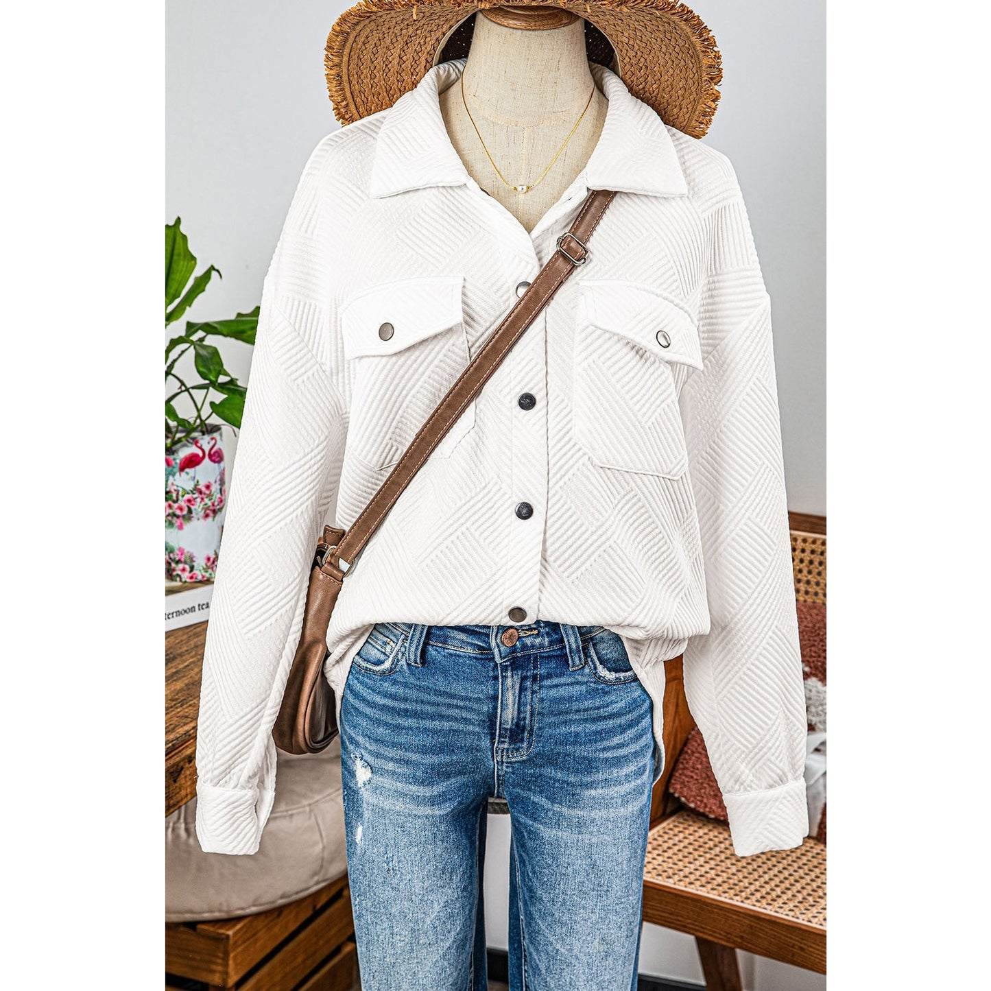 Gladis Beige Solid Textured Flap Pocket Buttoned Shacket - S to 3X