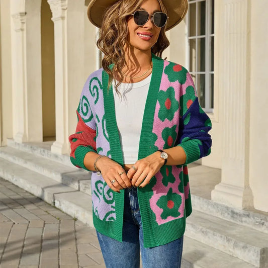 Bekie Green Open Front Floral Knitted Cardigan