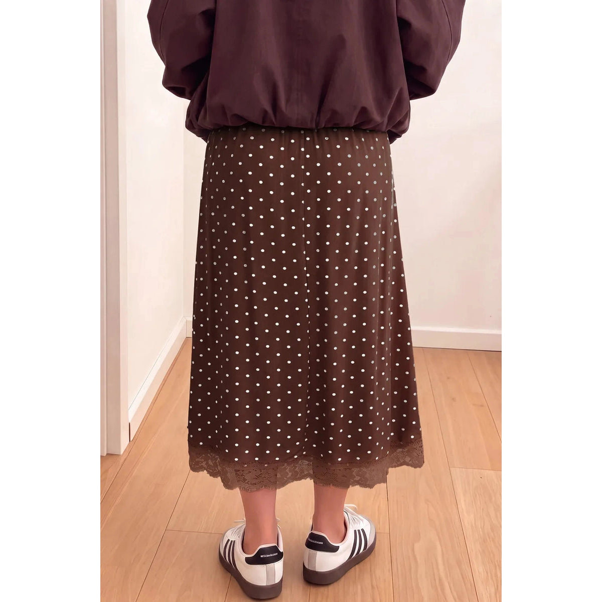 Belinda Brown Polka Dot Lace Hem Elegant Long Shift Skirt