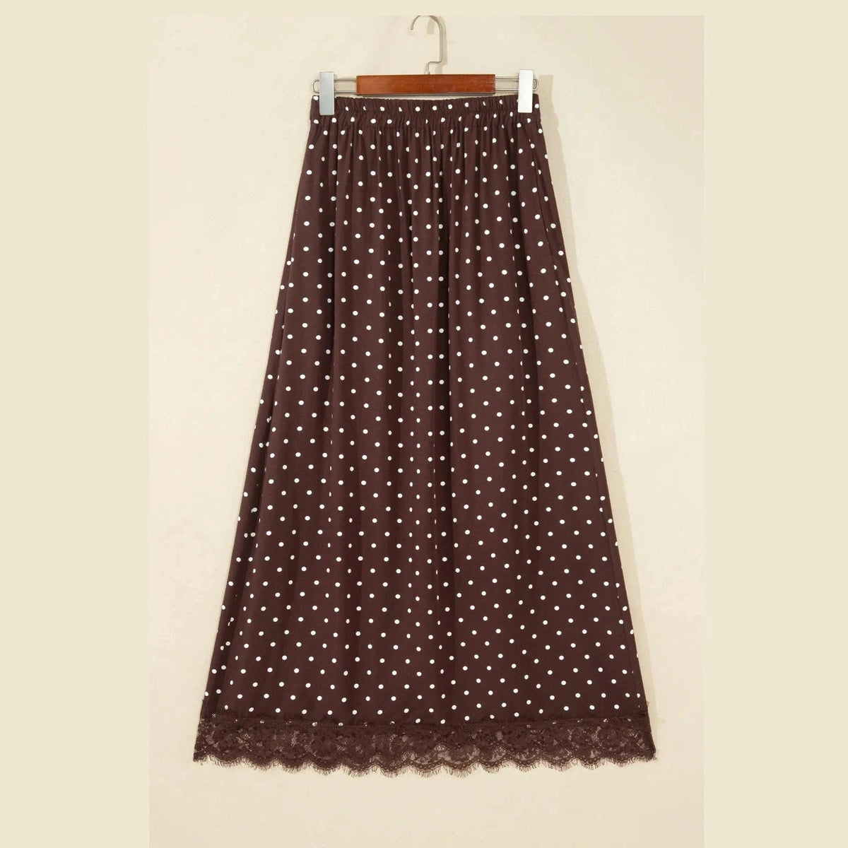 Belinda Brown Polka Dot Lace Hem Elegant Long Shift Skirt