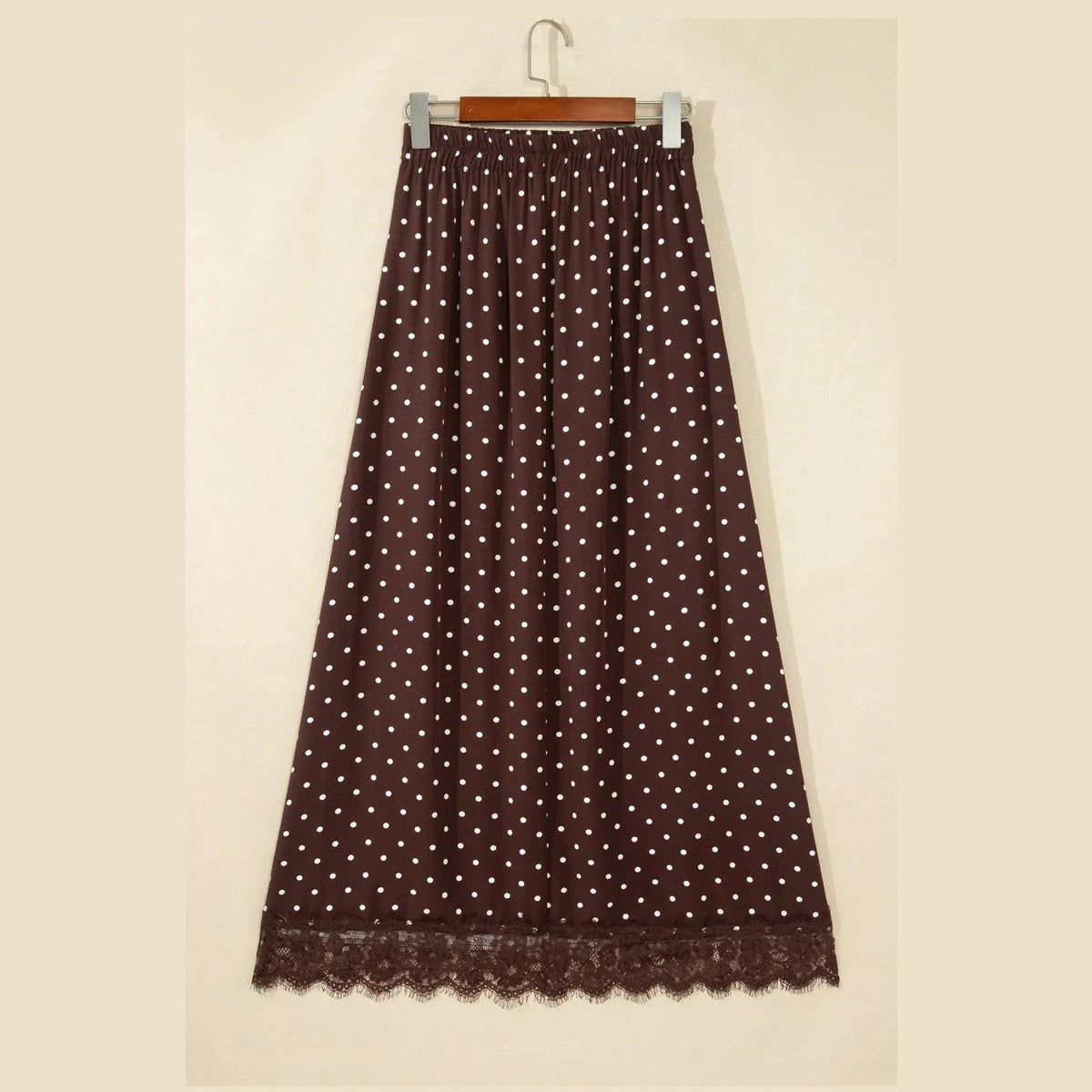 Belinda Brown Polka Dot Lace Hem Elegant Long Shift Skirt