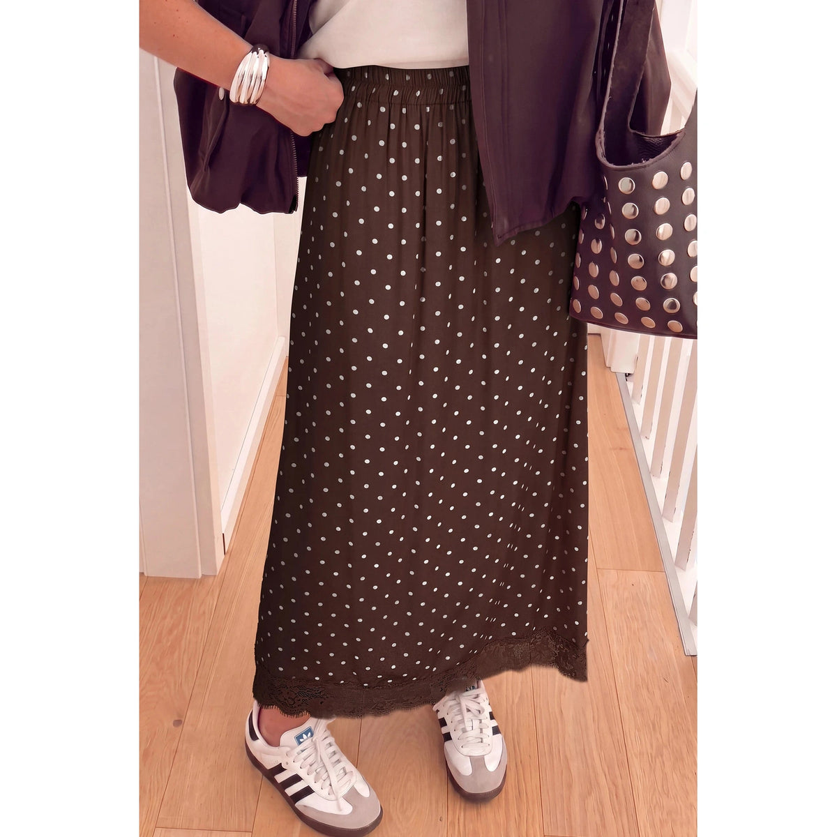 Belinda Brown Polka Dot Lace Hem Elegant Long Shift Skirt