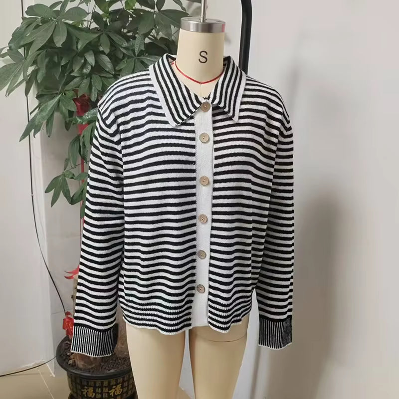 Belva Black Striped Button‑Front Collared Cardigan