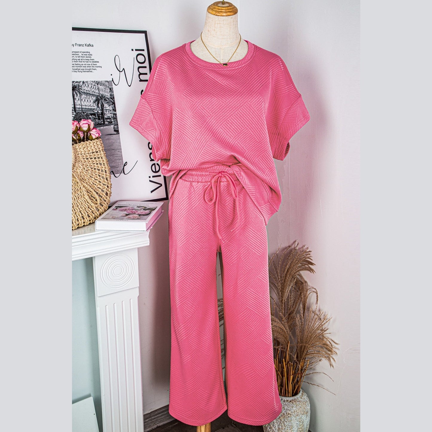 Belva Strawberry Pink Textured Loose Fit T Shirt and Drawstring Pants Set