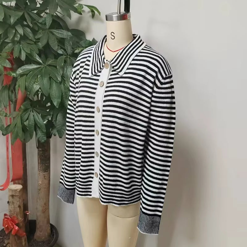 Belva Black Striped Button‑Front Collared Cardigan
