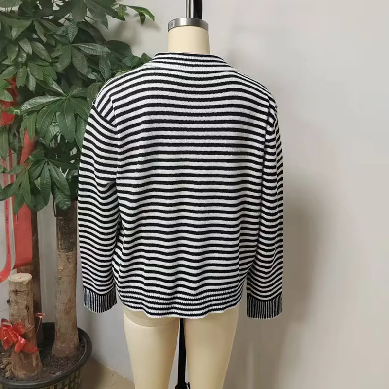 Belva Black Striped Button‑Front Collared Cardigan