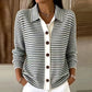 Belva Black Striped Button‑Front Collared Cardigan