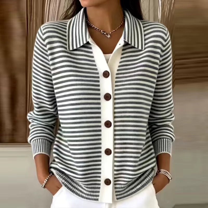Belva Black Striped Button‑Front Collared Cardigan