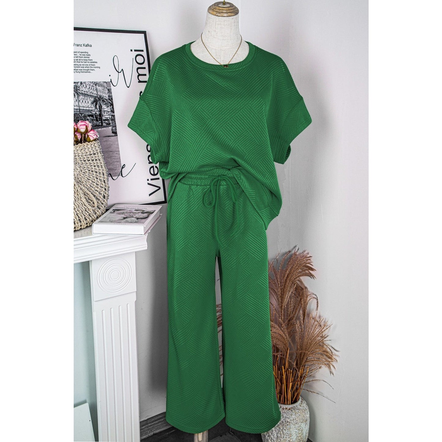 Belva Green Textured Loose Fit T Shirt and Drawstring Pants Set
