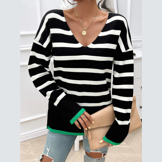 Benita Black Striped Side Slit V Neck Sweater