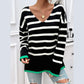 Benita Black Striped Side Slit V Neck Sweater