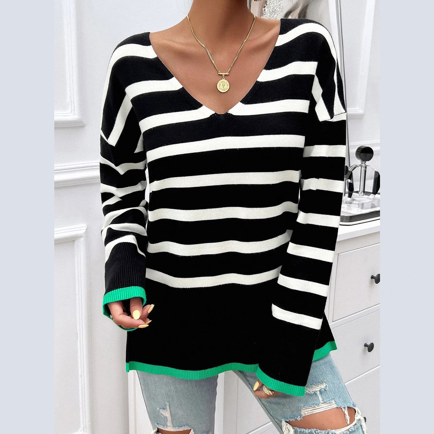 Benita Black Striped Side Slit V Neck Sweater