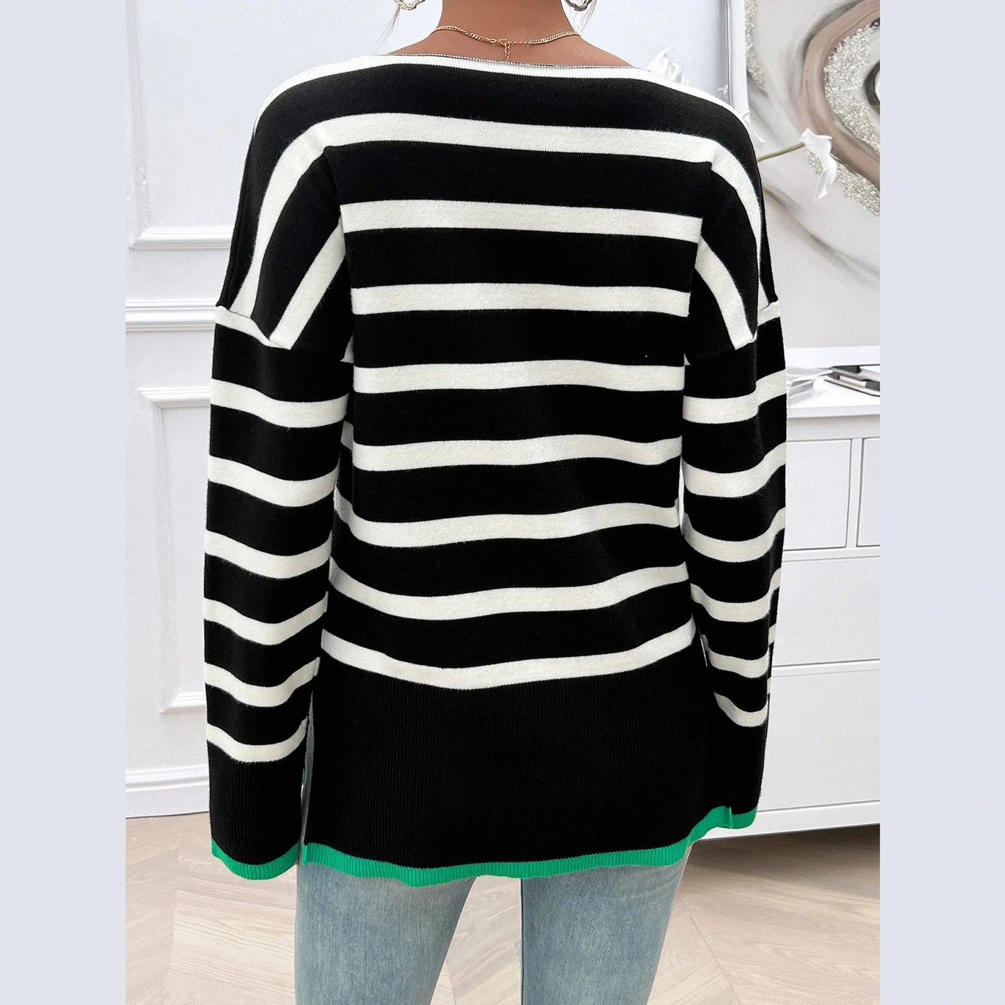 Benita Black Striped Side Slit V Neck Sweater
