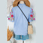 Bernice Light Blue Gingham Floral Embroidered Puff Sleeve Blouse