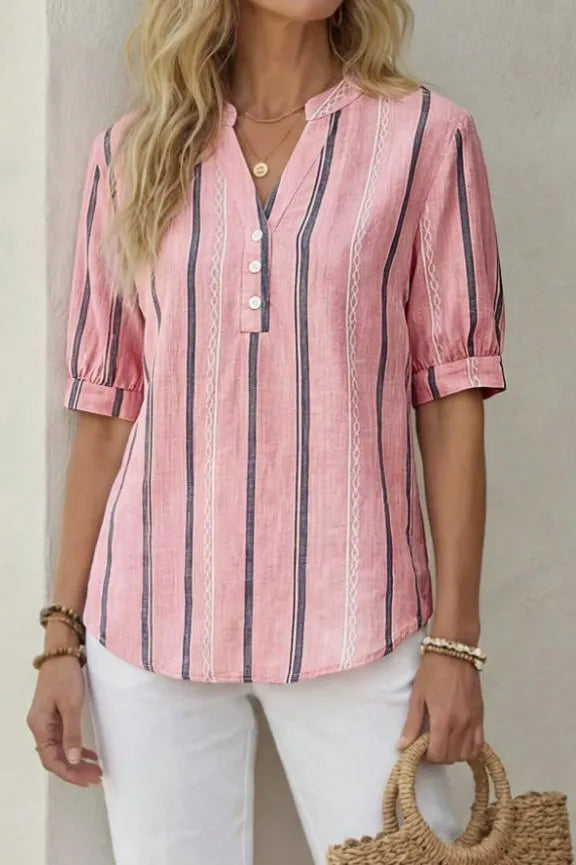 Berri Pink Soft‑Stripe V‑Neck Top