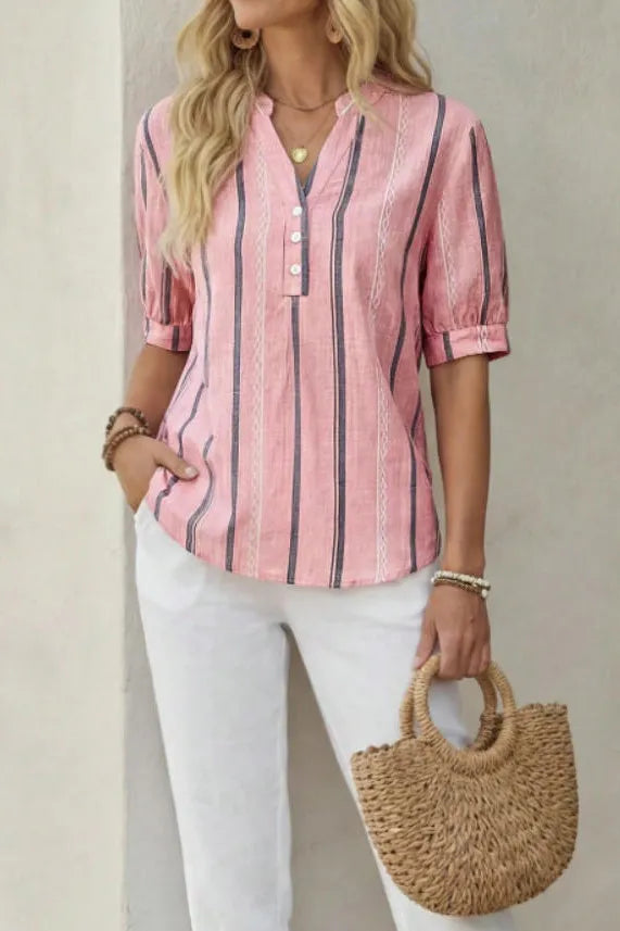 Berri Pink Soft‑Stripe V‑Neck Top