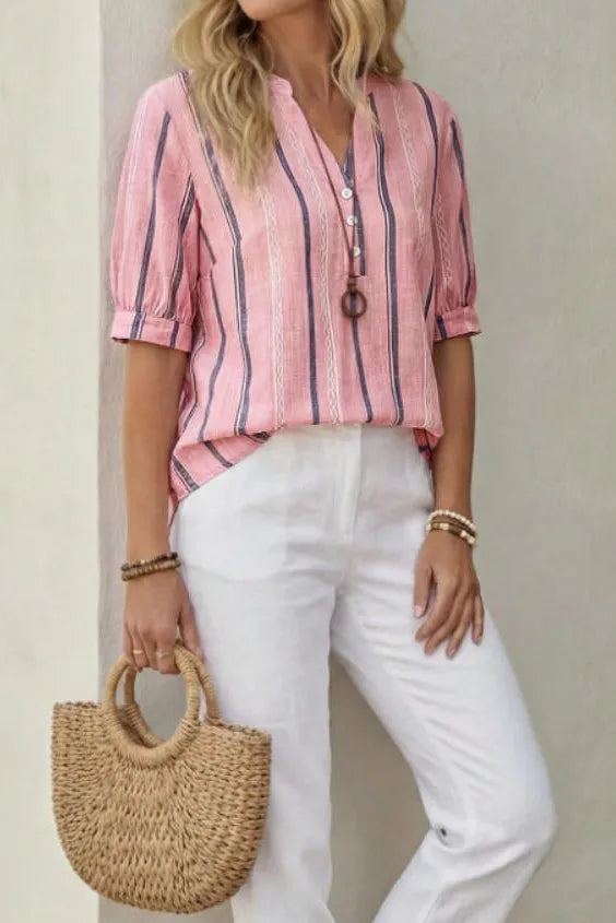 Berri Pink Soft‑Stripe V‑Neck Top