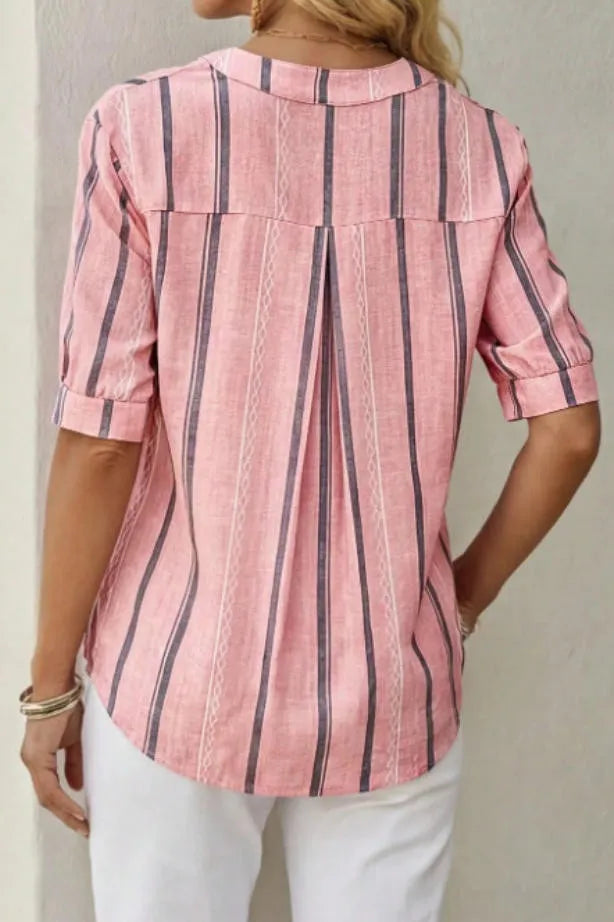 Berri Pink Soft‑Stripe V‑Neck Top