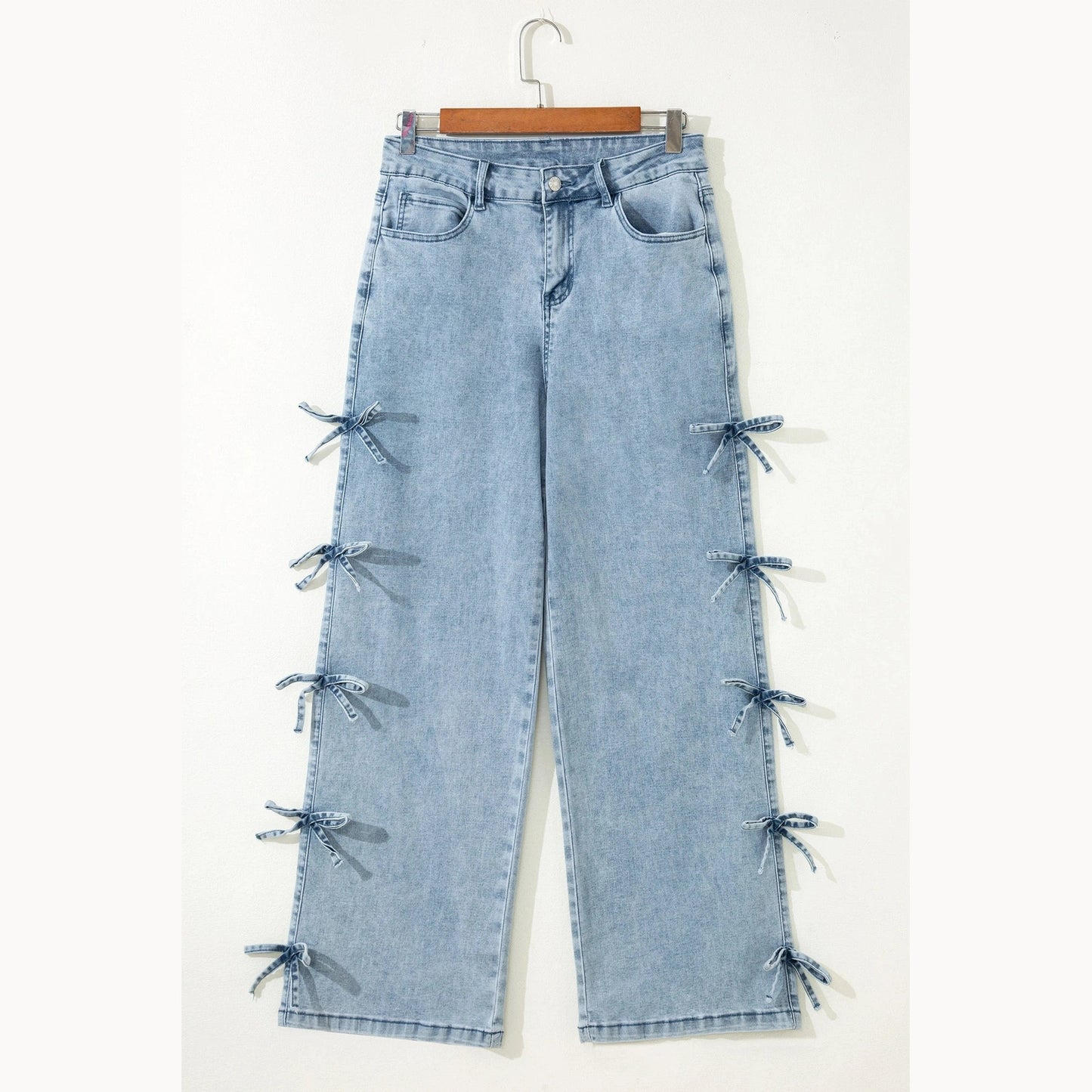 Beryl Blue Bow Knot Side Detail Straight Leg Loose Jeans
