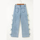 Beryl Blue Bow Knot Side Detail Straight Leg Loose Jeans