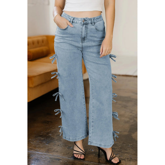 Beryl Blue Bow Knot Side Detail Straight Leg Loose Jeans
