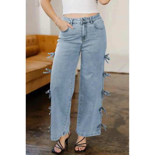 Beryl Blue Bow Knot Side Detail Straight Leg Loose Jeans