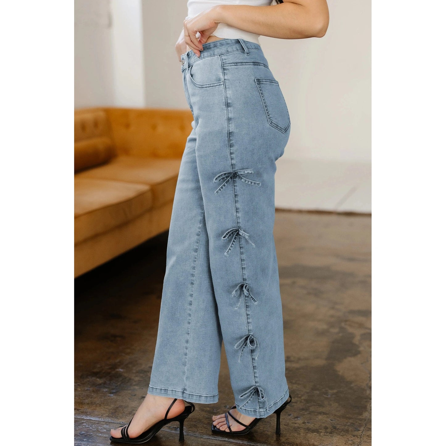 Beryl Blue Bow Knot Side Detail Straight Leg Loose Jeans