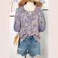 Bess Purple Floral Tassel Tie Split Neck Bubble Sleeve Blouse