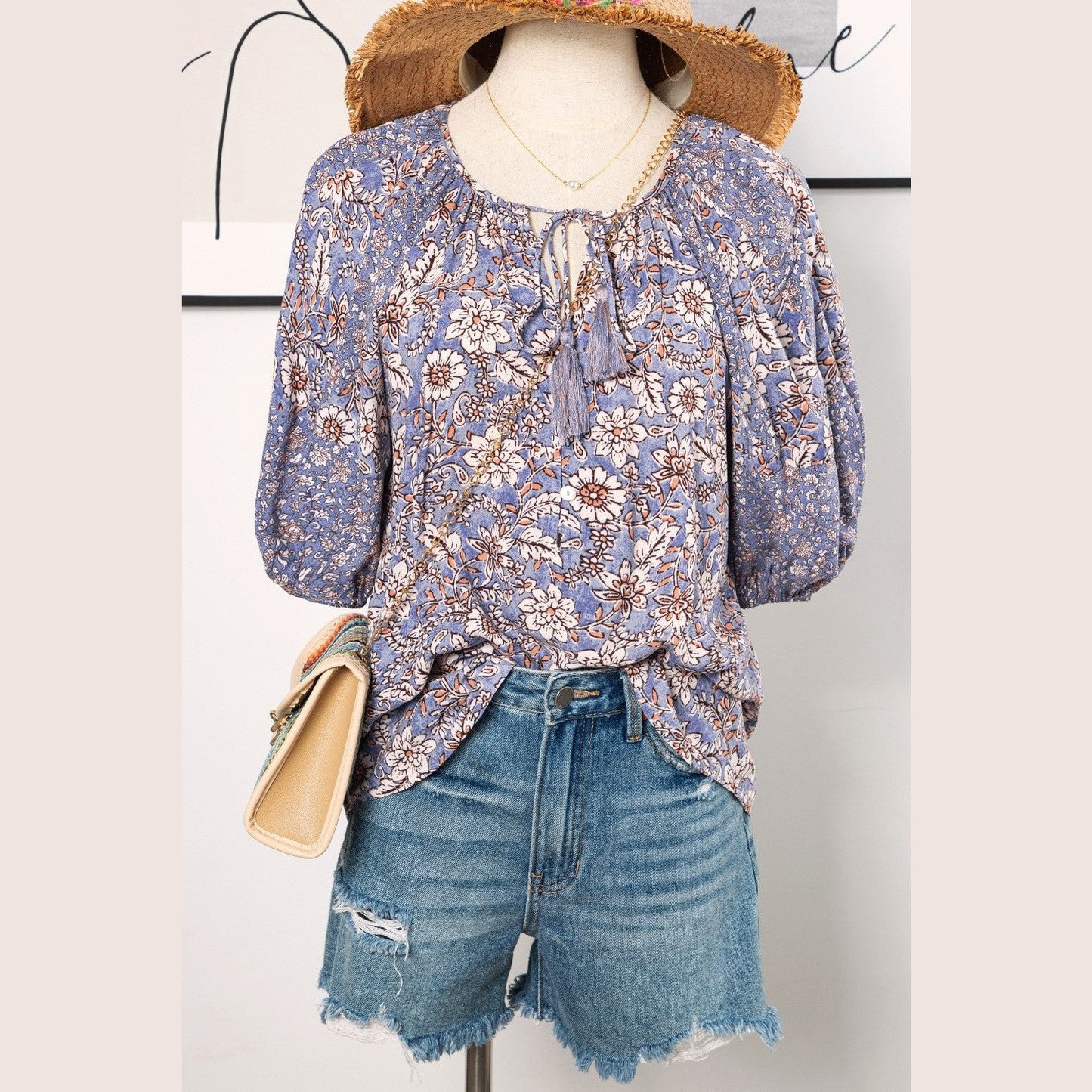 Bess Purple Floral Tassel Tie Split Neck Bubble Sleeve Blouse