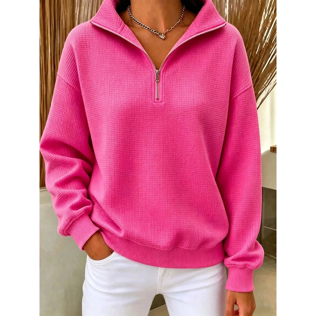 Bethanie Pink Fine Waffle Knit Quarter-Zip Pullover - 3 Colors