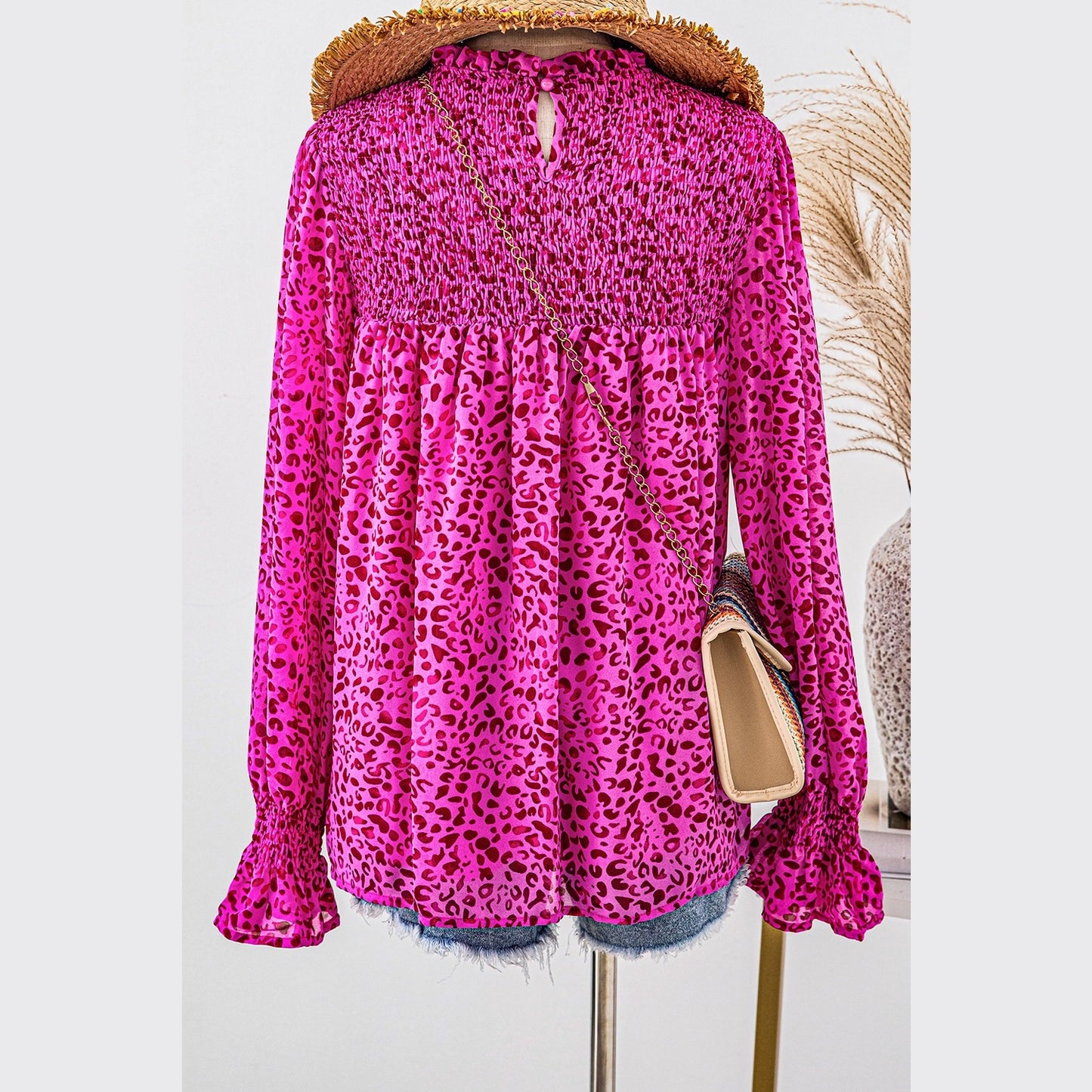 Bethina Leopard Shirred Puff Sleeve Flowy Blouse