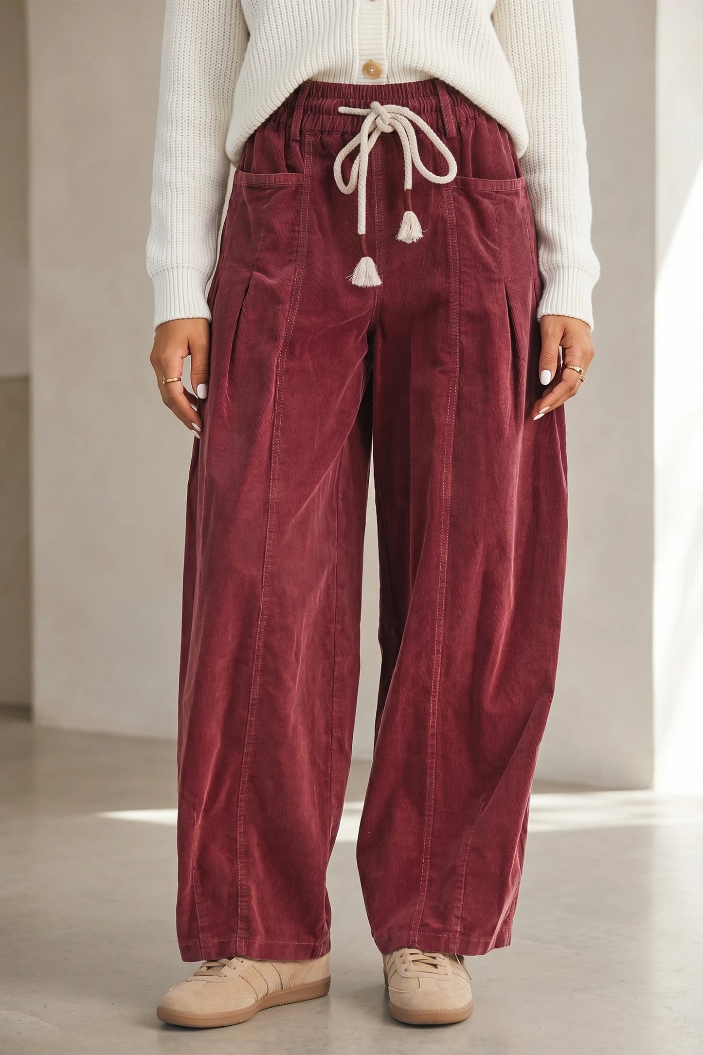 Bethy Elastic Waist Drawstring Corduroy Casual Pants