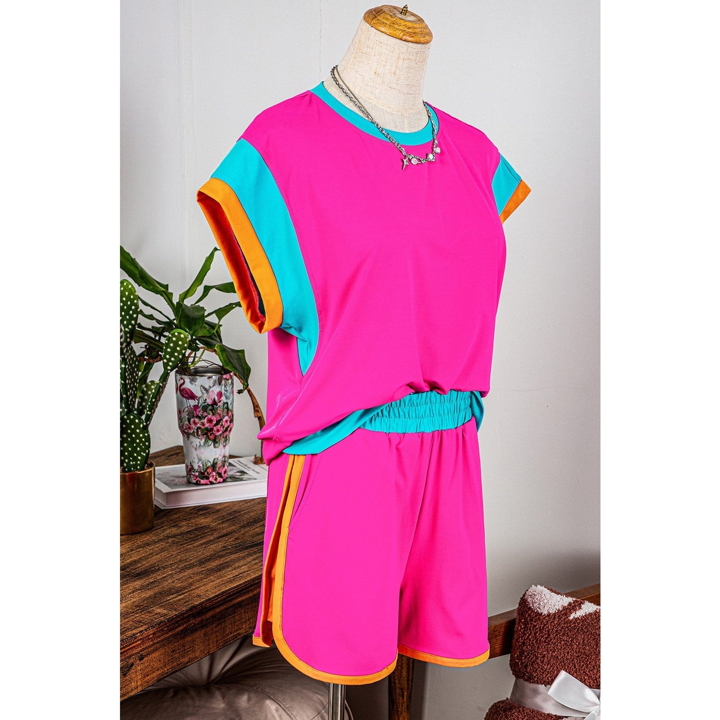 Betsy Hot Pink Contrast Trim Cap Sleeve Tee Shorts Set - S to 3X